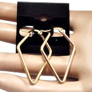 1 1/2 Inch 37mm Shield Shape Hoop Pierced Post Earrings Gold Tone